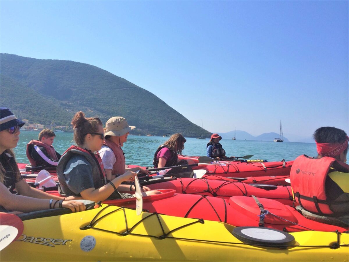 Sea kayaking rafting up team Greece